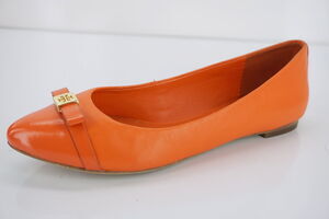 Tory Burch Hugo Pointy Toe Ballet Flats SZ 5.5 New Tiger Lily Leather Gold Logo